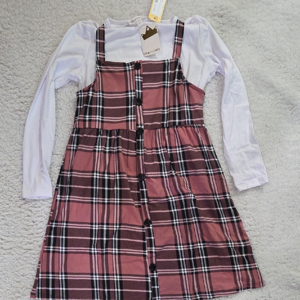 Stylish Pink Plaid Kids Dress with White Sleeves